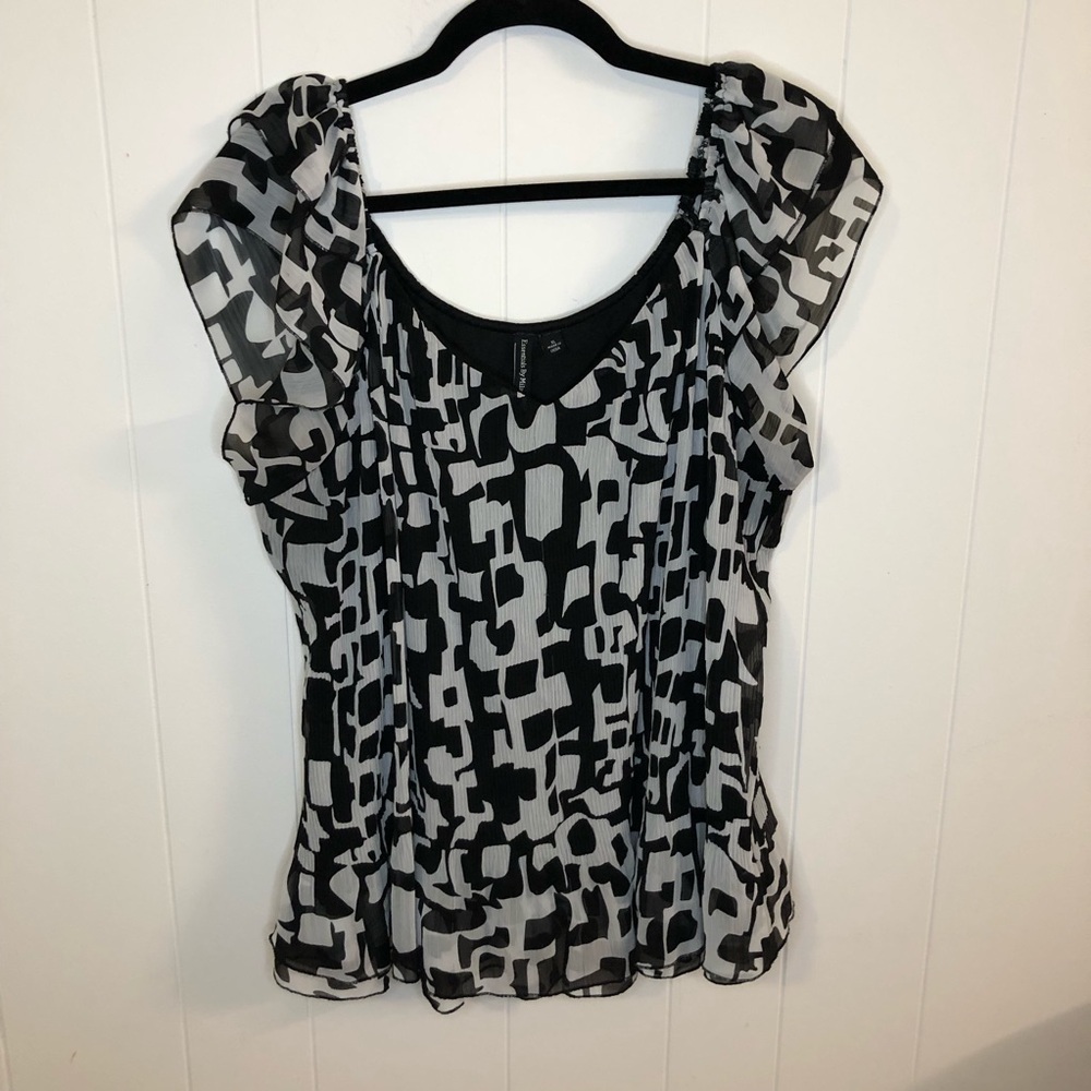 Essentials by Milano Black & White Abstract Chiffon Flutter Off Shoulder Top XL